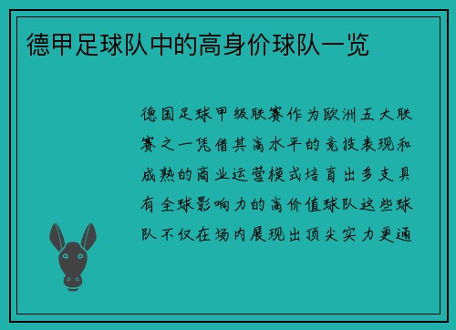 德甲足球队中的高身价球队一览